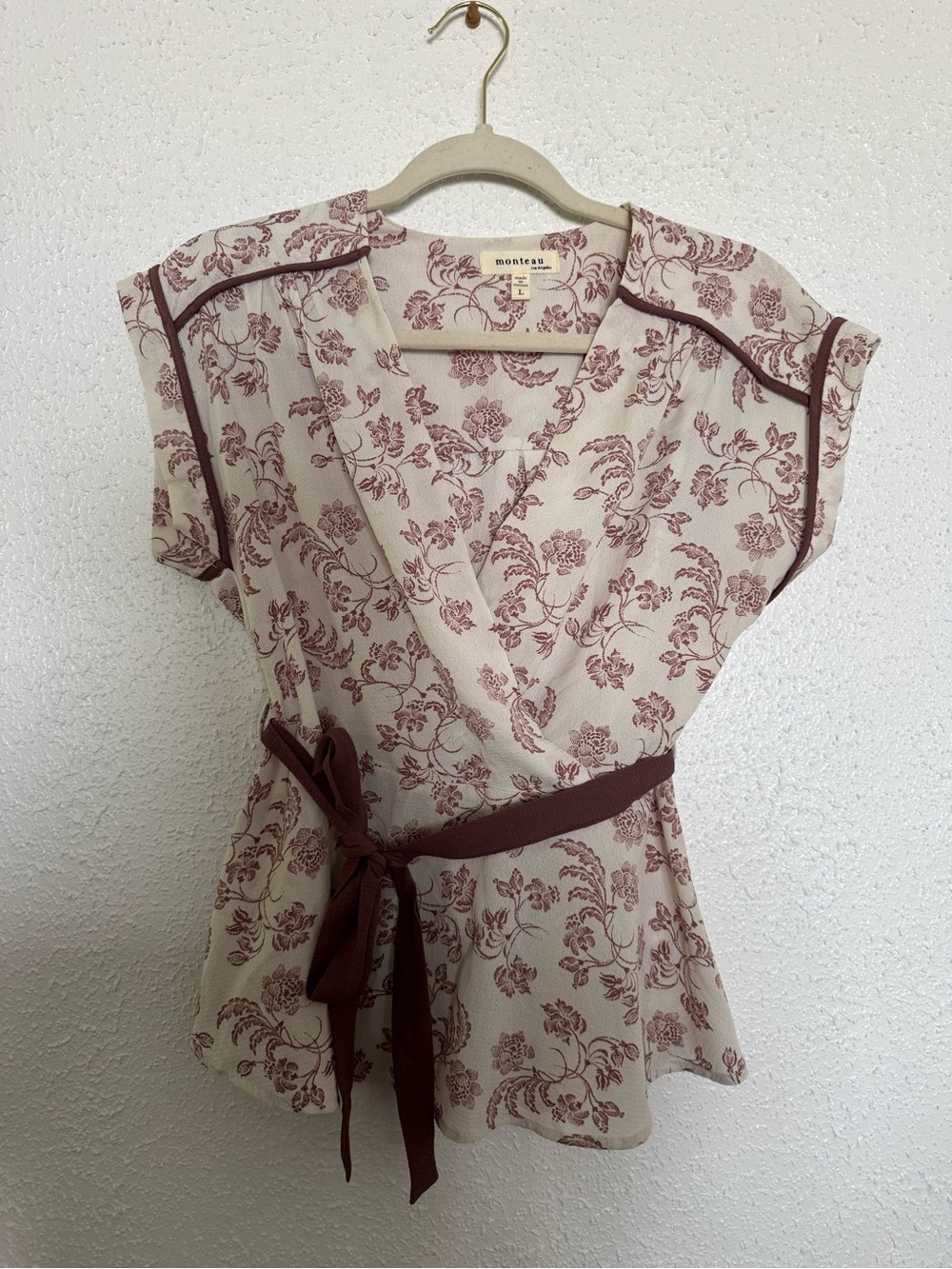 Cream and maroon floral faux wrap top